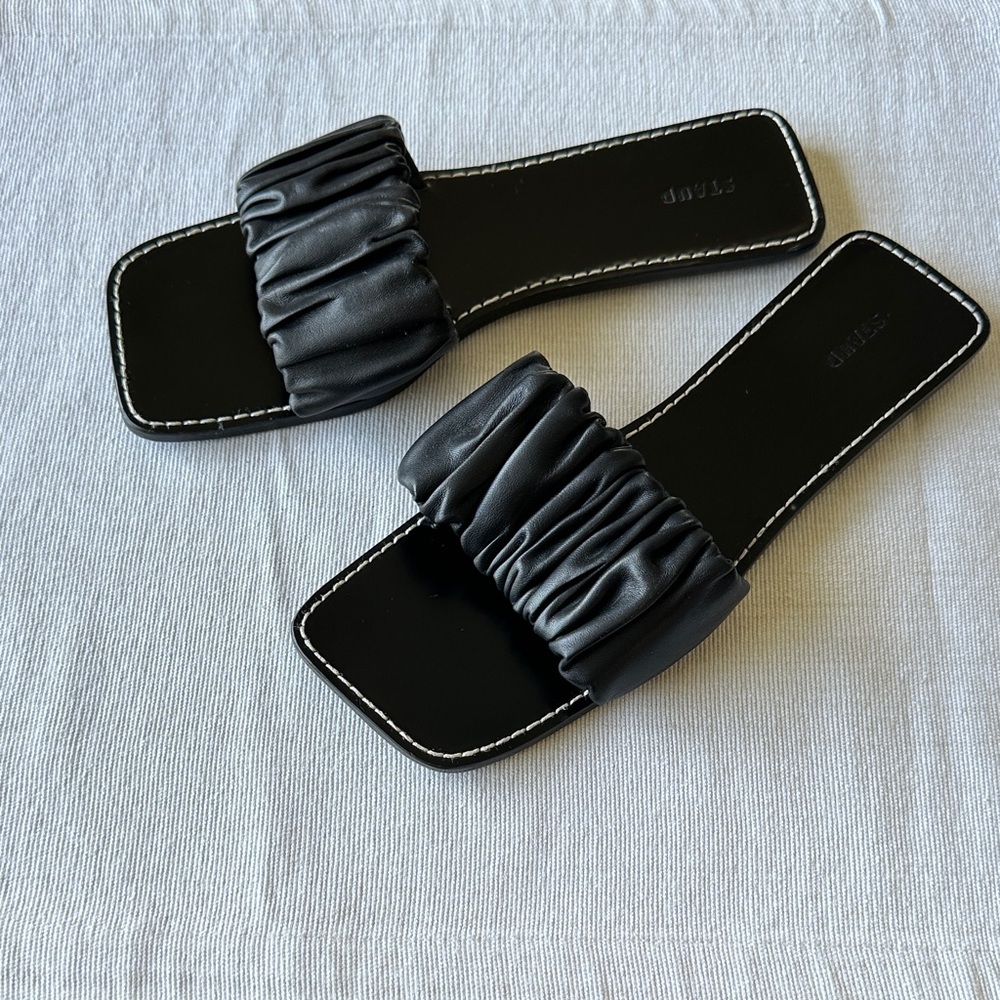 STAUD Black Nina Ruched Slide Slip On Leather Sandal Made in Portugal, Size 9 - Picture 2 of 14